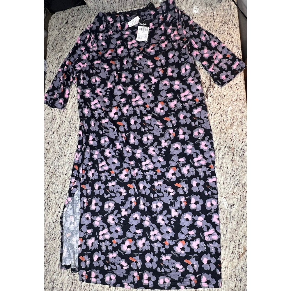 Ulla Popken Floral Dress Black Pink Midi V Neck mid Sleeve Side Slit Size 20/22